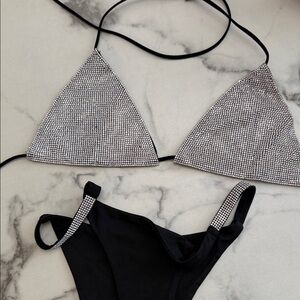 Rhinestone Triangle Bikini Top and Black Bottom Set